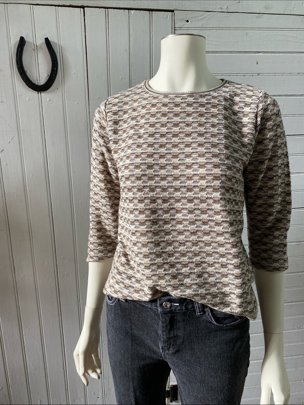 Vintage Alfred Dunner Beige and Brown Patterned Long Sleeve Crewneck Top